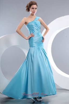 2013 Cheap Aqua Blue Prom / Evening Dress Mermaid One Shoulder Ruch Floor-length Taffeta