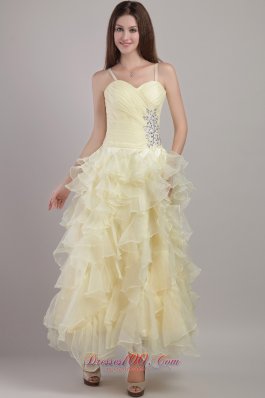 2013 Light Yellow Empire Straps Ankle-length Organza Beading Prom / Evening Dress