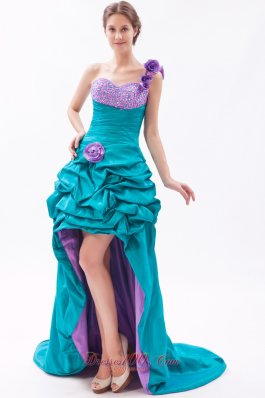 2013 Teal and Lavender A-line One Shoulder Prom Dress High-low Taffeta Beading and Hand Made FLowers