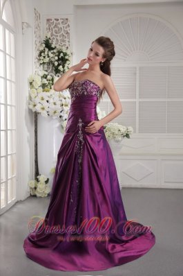 2013 Purple A-line / Princess Sweetheart Brush Train Taffeta Embroidery and Ruch Prom / Graduation Dress