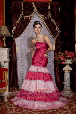 2013 Unique Hot Pink Mermaid Prom / Evening Dress Strapless Taffeta Sequins Brush Train