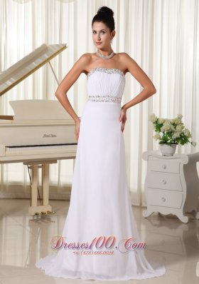 Best White Prom Dress And Gown Strapless Beaded Decorata Bust Brush Train Skirt