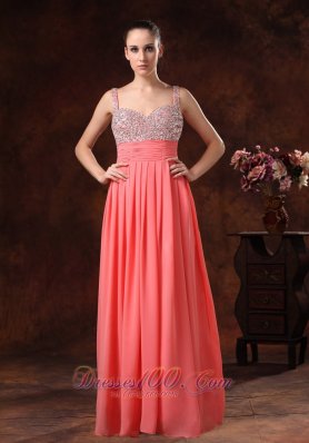 Best Beaded Decorate Straps and Bust Ruch Watermelon Red Chiffon Floor-length 2013 Prom / Evening Dress