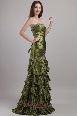 Best Olive Green Column Sweetheart Brush Train Taffeta Beading and Ruch Prom / Celebrity Dress