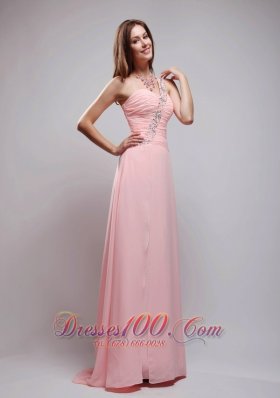 Clearence Baby Pink Empire One Shoulder Brush Train Chiffon Beading and Ruch Prom Dress
