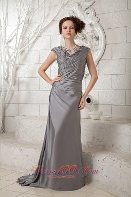 Clearence The Most Popular Gray Column V-neck Prom Dress Chiffon Ruch Brush Train