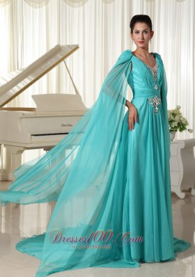 Plus Size Long Sleeves V-neck Turquoise Chiffon Wonderful Prom Dress With Appliques and Beading
