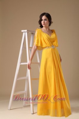 Plus Size Custom Made Yellow Empire Evening Dress V-neck Chiffon Beading Floor-length