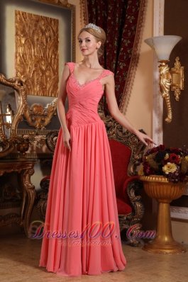 Plus Size Watermelon Column / Sheath V-neck Floor-length Chiffon Beading Prom Dress