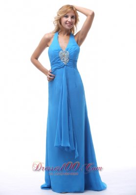 Plus Size 2013 Sky Blue Halter Beaded Prom / Evening Dress With Brush Train For Custom Made