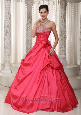 Plus Size Coral Red A-line Strapless Floor-length Taffeta Beading Prom / Evening Dress