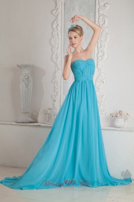 Plus Size Baby Blue A-line Sweetheart Ruch Prom Dress Court Train Chiffon