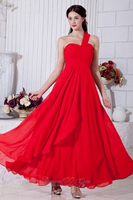 Plus Size Red Empire One Shoulder Ruch Prom / Evening Dress Ankle-length Chiffon