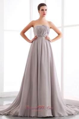 Plus Size Grey A-line Strapless Beading Prom Dress Court Train Chiffon