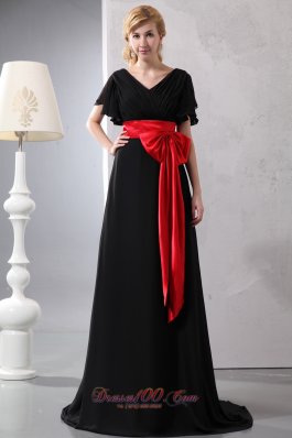 Plus Size Beautiful Red and Black V-neck Bow Prom Dress Brush Train Chiffon and Taffeta Empire