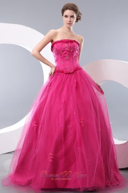 Plus Size Unique Hot Pink A-line Strapless Prom Dress Tulle Beading Floor-length