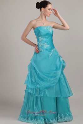 Plus Size Teal Column/Sheath Strapless Floor-length Organza Appliques and Beading Prom Dress
