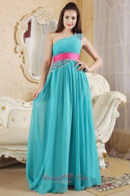 Plus Size Teal Empire One Shoulder Prom Dress Chiffon Ruch and Beading Floor-Length