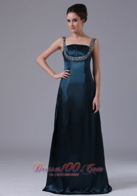 Designer Beaded Decorate Shoulder Straps Taffeta Navy Blue Floor-length Prom Dress