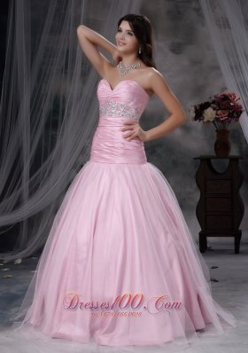 Designer Baby Pink A-line Sweetheart Floor-length Tulle and Taffeta Beading Prom Dress