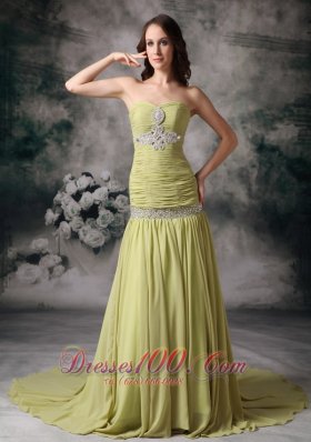 Designer Customize Yellow Green Prom Dress Mermaid Sweetheart Chiffon Beading Court Train