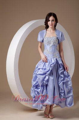 Designer Modest Lilac A-line Strapless Prom Dress Taffeta Appliques with Beading Ankle-length