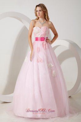 Designer Baby Pink A-line Sweetheart Prom / Evening Dress Tulle Appliques Floor-length