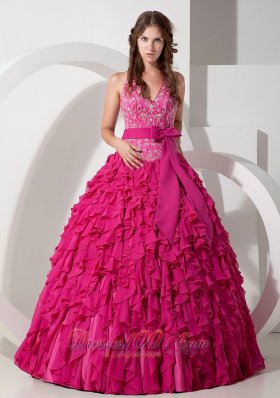 New Hot Pink Ball Gown Halter Floor-length Chiffon Embroidery Quinceanera Dress