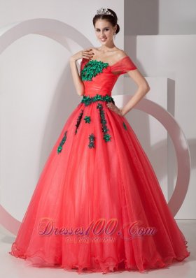 New Pretty Coral Red Princess Off The Shoulder Prom Dress Organza Appliques