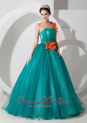 New Custom Made Teal A-line One Shoulder Quinceanera Dress Organza Hand Made Flowers