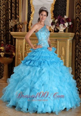 New Wonderful Aqua Blue Quinceanera Dress One Shoulder Satin and Organza Beading Ball Gown