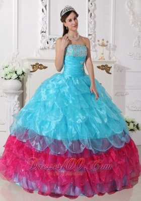 New Popular Aqua Blue and Hot Pink Quinceanera Dress Strapless Organza Appliques Ball Gown
