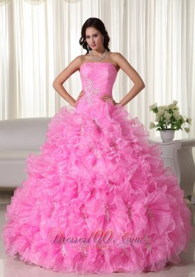 New Rose Pink Ball Gown Strapless Floor-length Organza Appliques Quinceanera Dress