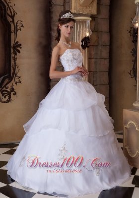 Popular Pretty White Quinceanera Dress Strapless Appliques Satin and Organza Ball Gown