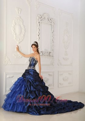 Popular Perfect Royal Blue Quinceanera Dress Sweetheart Chapel Train Taffeta and Organza Appliques Ball Gown