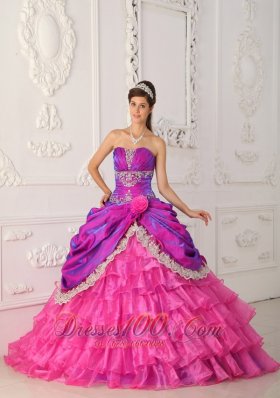Popular Classical Hot Pink Quinceanera Dress Strapless Organza and Taffeta Lace and Appliques Ball Gown
