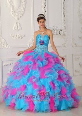 Popular Sweet Multi-color Quinceanera Dress Strapless Organza Appliques and Hand Flower Ball Gown
