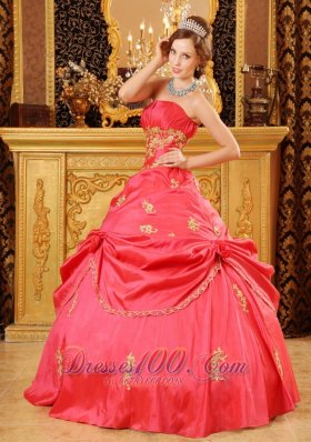 Beautiful Watermelon Red Quinceanera Dress Ball Gown Strapless Taffeta Beading and Appliques Ball Gown