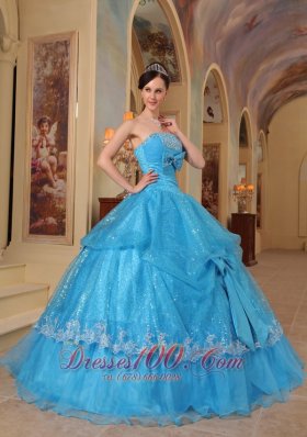 Formal Baby Blue Quinceanera Dress Strapless Bows Sequins and Organza Ball Gown