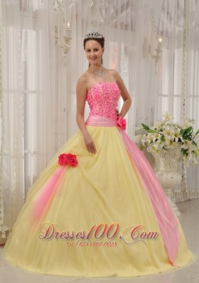 Pink and Yellow Ball Gown Strapless Floor-length Taffeta and Tulle Hand Made Flowers Quinceanera Dress
