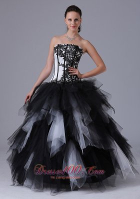 Black and White Romantic Ball Gown Ruffles Quinceanera Dress With Embroidery Floor-length 2013