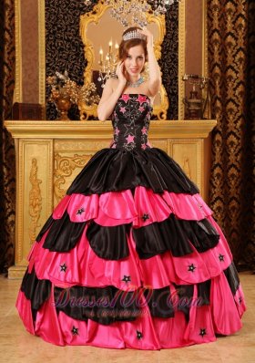 Inexpensive Black and Hot Pink Quinceanera Dress Strapless Taffeta Beading Ball Gown Fashion