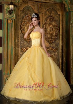 Yellow Ball Gown Strapless Floor-length Appliques Organza Quinceanera Dress Fashion