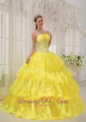 Yellow Ball Gown Strapless Floor-length Taffeta and Organza Beading Quinceanera Dress Fashion