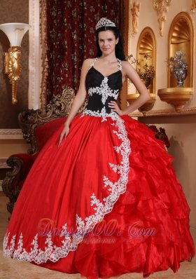 Gorgeous Red and Black Quinceanera Dress V-neck Floor-length Taffeta and Organza Appliques Ball Gown Fashion
