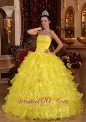 Exclusive Yellow Quinceanera Dress Strapless Organza Beading Ball Gown Fashion