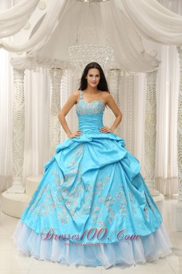 Aqua One Shoulder Embroidery Decorate Quinceanera Dress With Organza Fashion