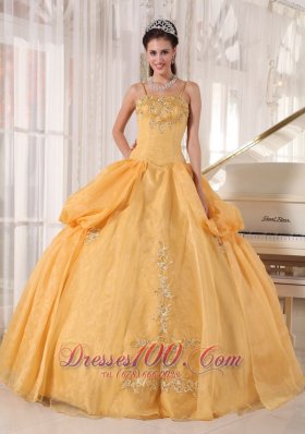 Exquisite Gold Quinceanera Dress Spaghetti Straps Taffeta and Organza Appliques Ball Gown Plus Size
