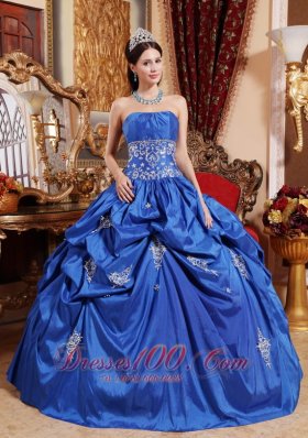 Blue Ball Gown Strapless Floor-length Taffeta Appliques Quinceanera Dress Plus Size