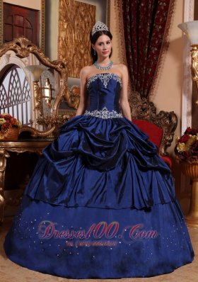 Blue Ball Gown Strapless Floor-length Taffeta Beading Quinceanera Dress Plus Size